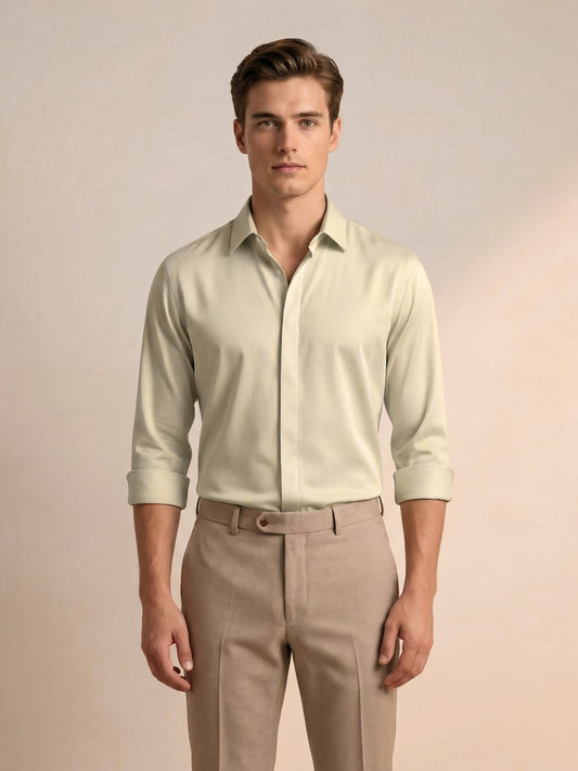 Men's Cream Solid PC Sateen Stretch Formal Shirt