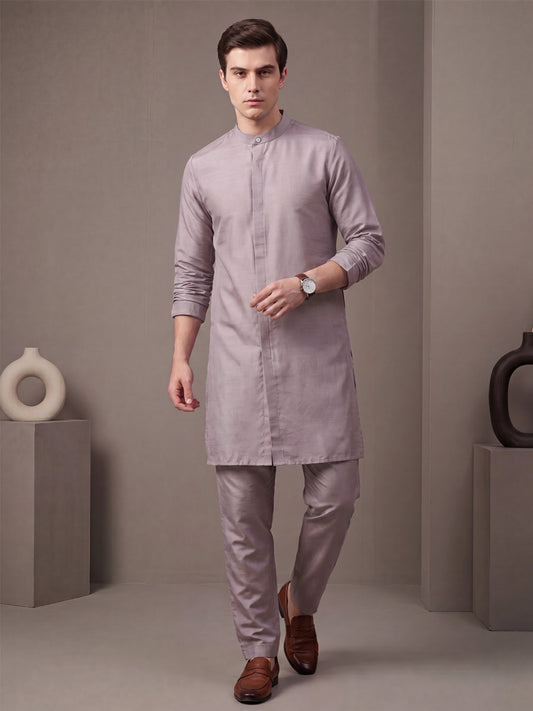Men's Taupe Solid Slub Silk Blend Kurta with Pyjamas