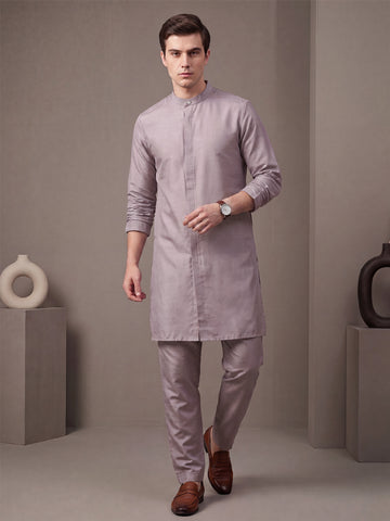 Men's Taupe Solid Slub Silk Blend Kurta with Pyjamas