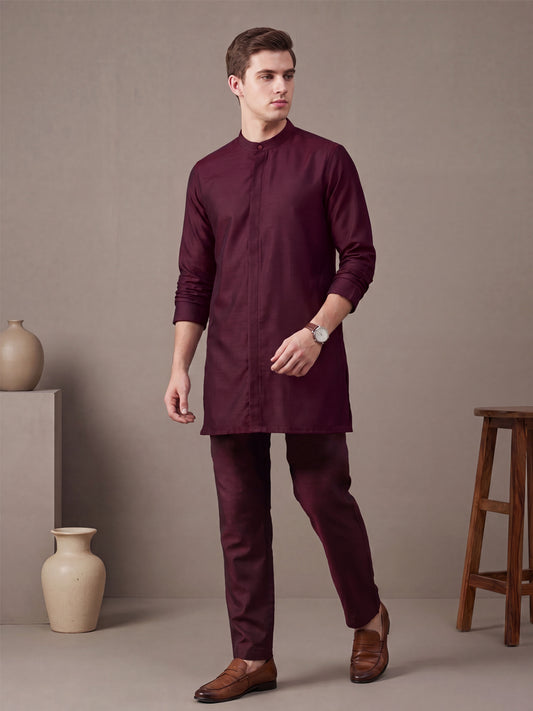 Men's Maroon Solid Slub Silk Blend Kurta with Pyjamas
