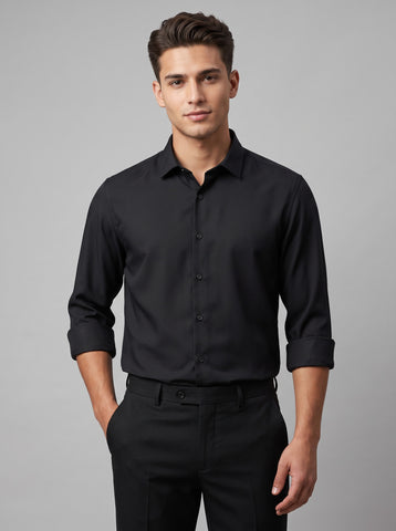 HE SPOKE Men's Black Solid Regular Fit Shirt