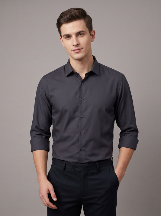 HE SPOKE Men's Dark Grey Solid Regular Fit Shirt