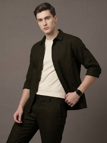 Men's Coffee Breathable Linen Blend Shacket