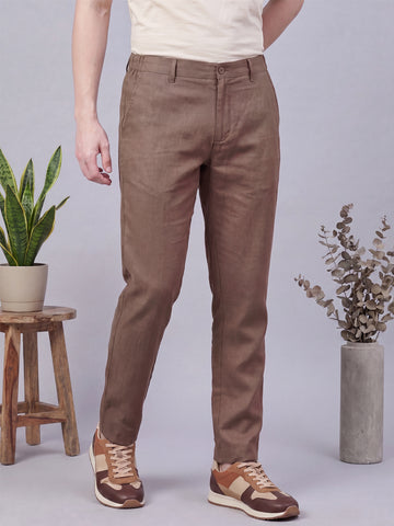 Men's Taupe Solid Breathable Linen Blend Trousers