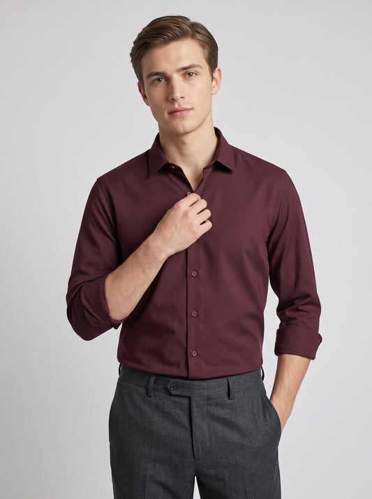 HE SPOKE Men's Burgundy Solid Regular Fit Shirt