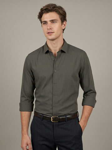 HE SPOKE Men's Olive Solid Regular Fit Shirt