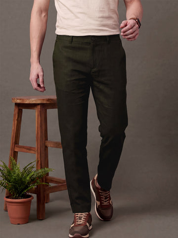 Men's Coffee Solid Breathable Linen Blend Trousers