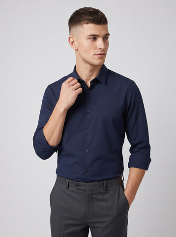 HE SPOKE Men's Navy Blue Solid Regular Fit Shirt