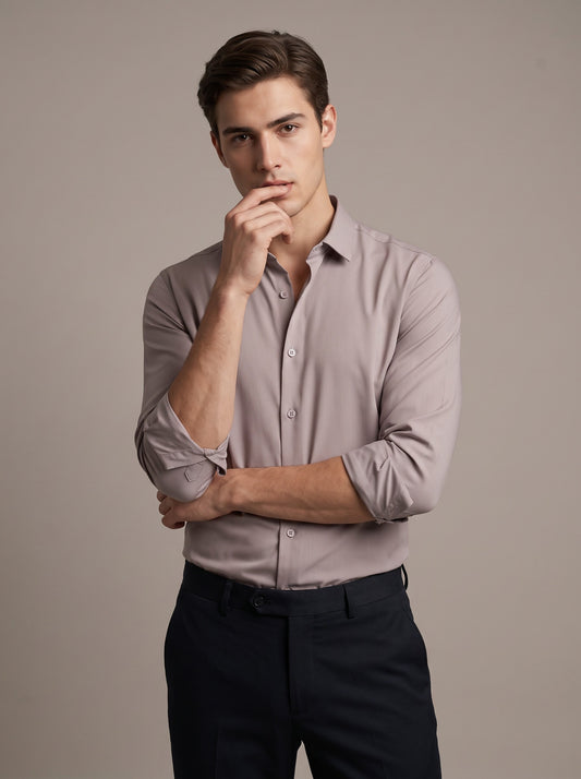 HE SPOKE Men's Taupe Solid Regular Fit Shirt