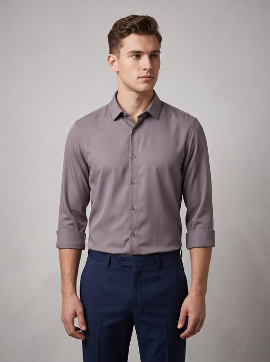 HE SPOKE Men's Mud Grey Solid Regular Fit Shirt
