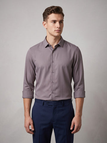 HE SPOKE Men's Mud Grey Solid Regular Fit Shirt
