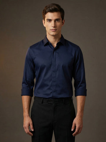 Men's Navy Solid PC Sateen Stretch Formal Shirt