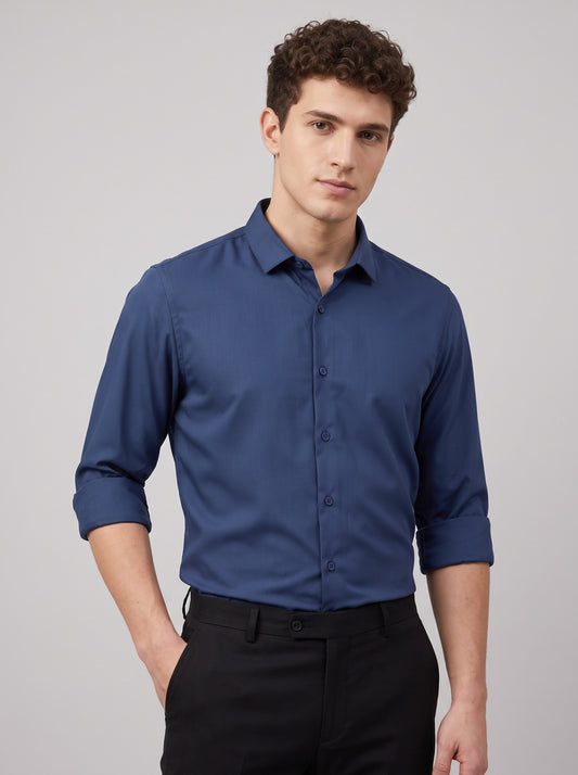 HE SPOKE Men's Indigo Blue Solid Regular Fit Shirt