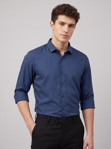 HE SPOKE Men's Indigo Blue Solid Regular Fit Shirt