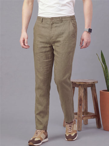 Men's MudBrown Solid Breathable Linen Blend Trousers