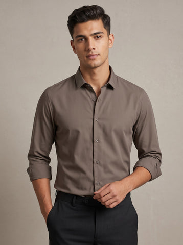 HE SPOKE Men's Mud Brown Solid Regular Fit Shirt