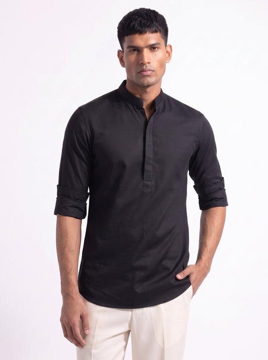 Men's Black Solid PC Sateen Stretch Everyday Kurta