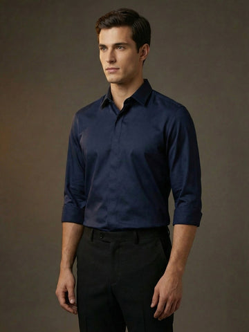 Men's Navy Solid PC Sateen Stretch Formal Shirt