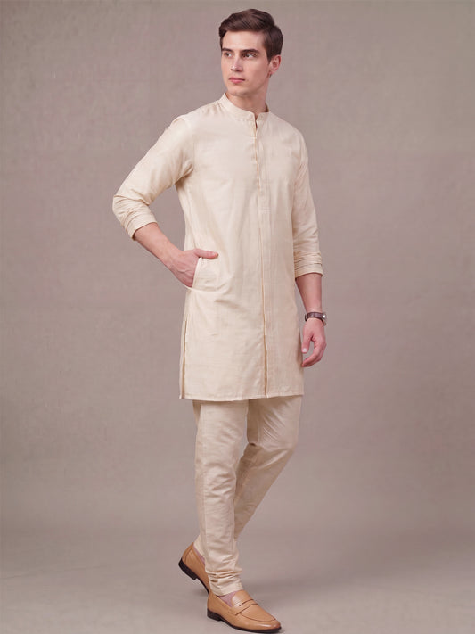 Men's Cream Solid Slub Silk Blend Kurta with Pyjamas
