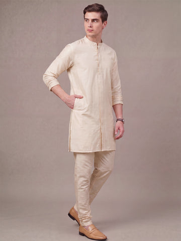 Men's Cream Solid Slub Silk Blend Kurta with Pyjamas