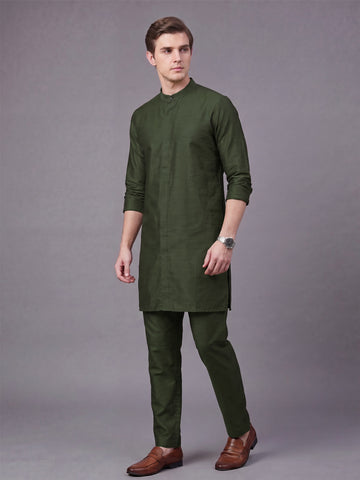 Men's Olive Solid Slub Silk Blend Kurta with Pyjamas