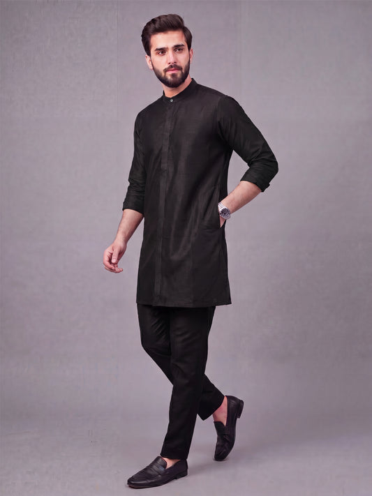 Men's Black Solid Slub Silk Blend Kurta with Pyjamas