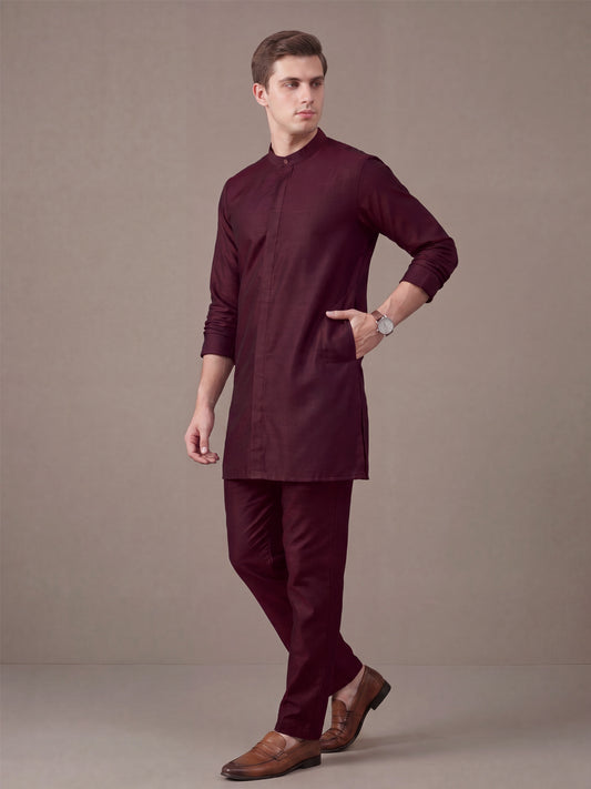 Men's Maroon Solid Slub Silk Blend Kurta with Pyjamas