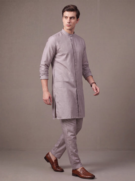 Men's Taupe Solid Slub Silk Blend Kurta with Pyjamas