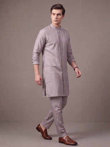 Men's Taupe Solid Slub Silk Blend Kurta with Pyjamas