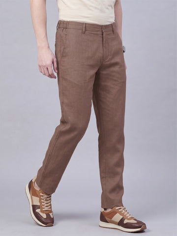 Men's Taupe Solid Breathable Linen Blend Trousers