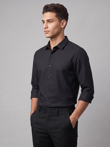 HE SPOKE Men's Black Solid Regular Fit Shirt
