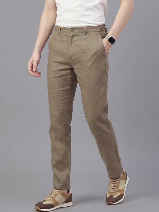 Men's MudBrown Solid Breathable Linen Blend Trousers