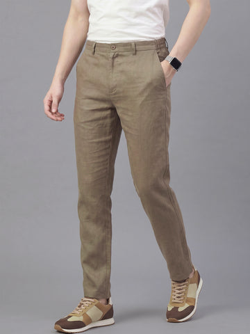 Men's MudBrown Solid Breathable Linen Blend Trousers