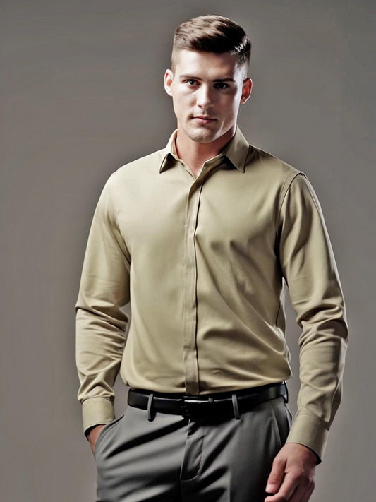 Men's Cream Solid PC Sateen Stretch Formal Shirt