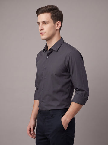 HE SPOKE Men's Dark Grey Solid Regular Fit Shirt