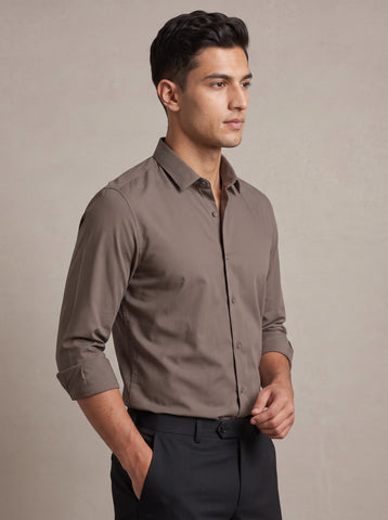 HE SPOKE Men's Mud Brown Solid Regular Fit Shirt