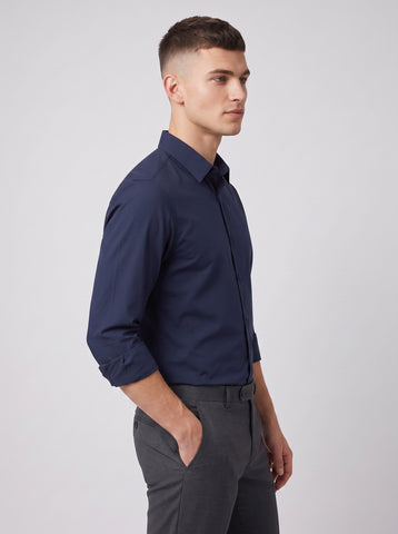 HE SPOKE Men's Navy Blue Solid Regular Fit Shirt