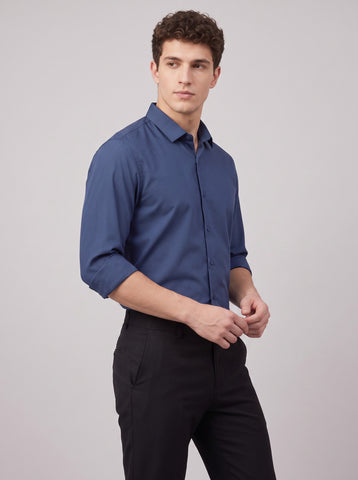 HE SPOKE Men's Indigo Blue Solid Regular Fit Shirt