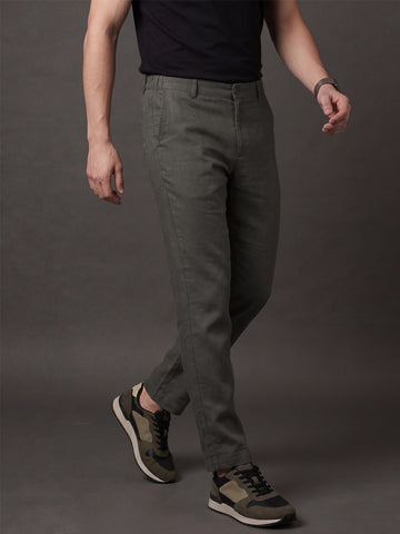 Men's Khaki Solid Breathable Linen Blend Trousers