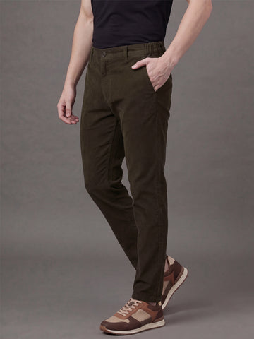 Men's Coffee Solid 2-Way Stretch  Casual Trousers