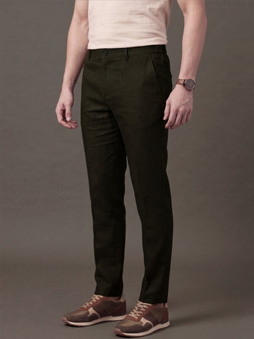Men's Coffee Solid Breathable Linen Blend Trousers