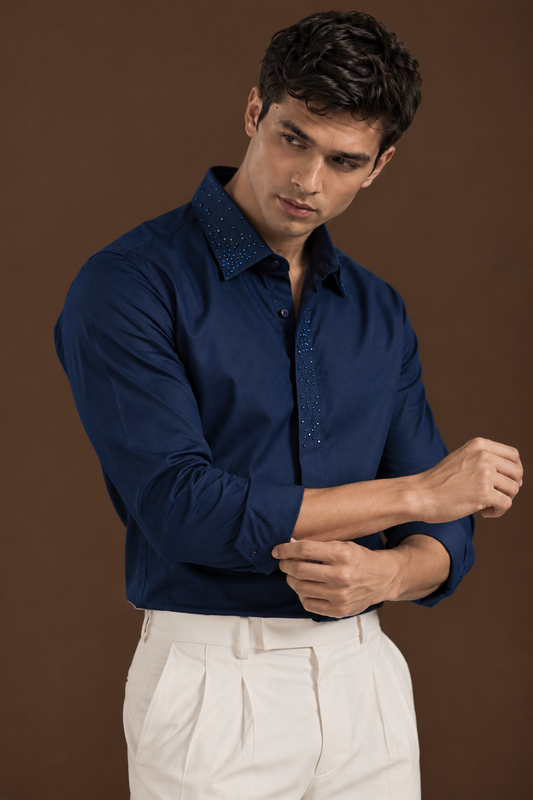 Geometric Embellished Satin Stretch Midnight Blue Shirt