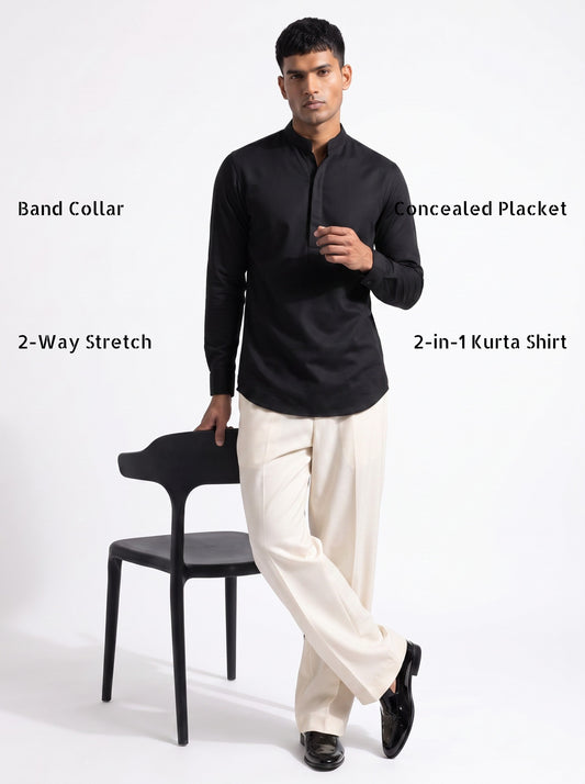 Men's Black Solid PC Sateen Stretch Everyday Kurta