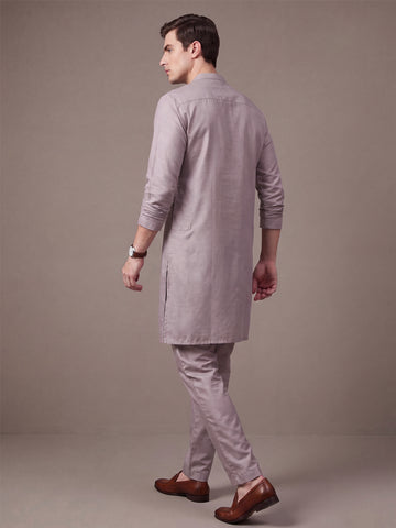 Men's Taupe Solid Slub Silk Blend Kurta with Pyjamas