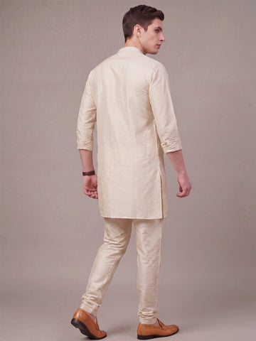 Men's Cream Solid Slub Silk Blend Kurta with Pyjamas
