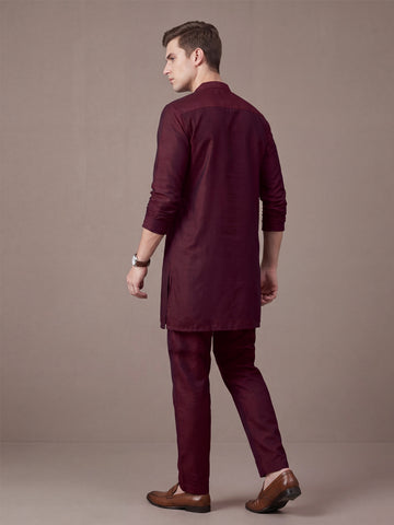 Men's Maroon Solid Slub Silk Blend Kurta with Pyjamas