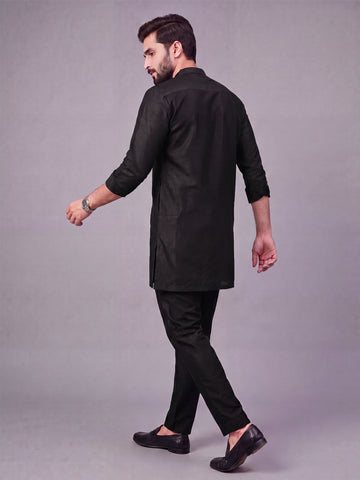 Men's Black Solid Slub Silk Blend Kurta with Pyjamas