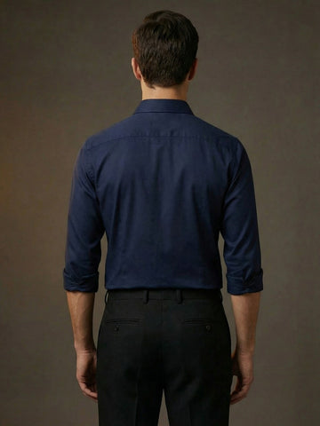 Men's Navy Solid PC Sateen Stretch Formal Shirt