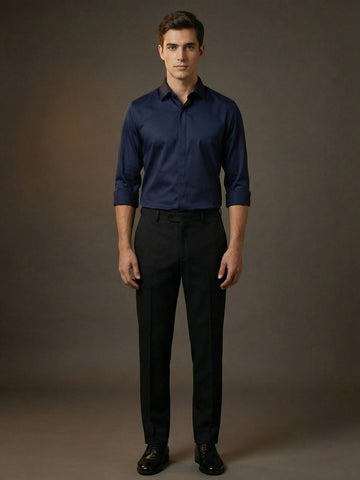 Men's Navy Solid PC Sateen Stretch Formal Shirt