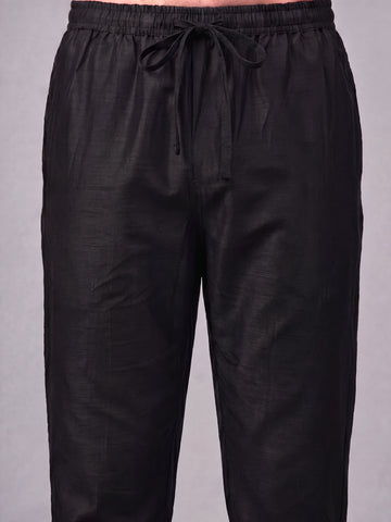 Men's Black Solid Slub Silk Blend Kurta with Pyjamas
